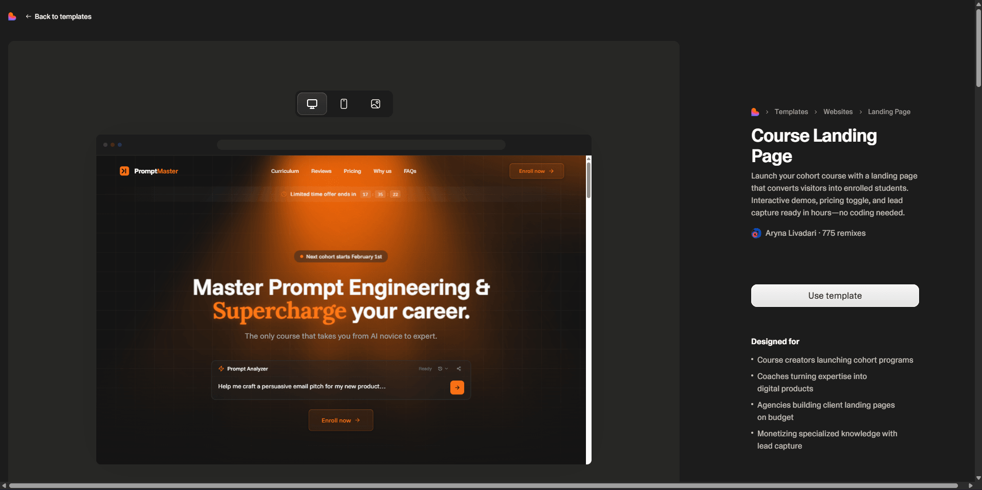 A course landing page template on Lovable, published by an outside creator and remixed 775 times.