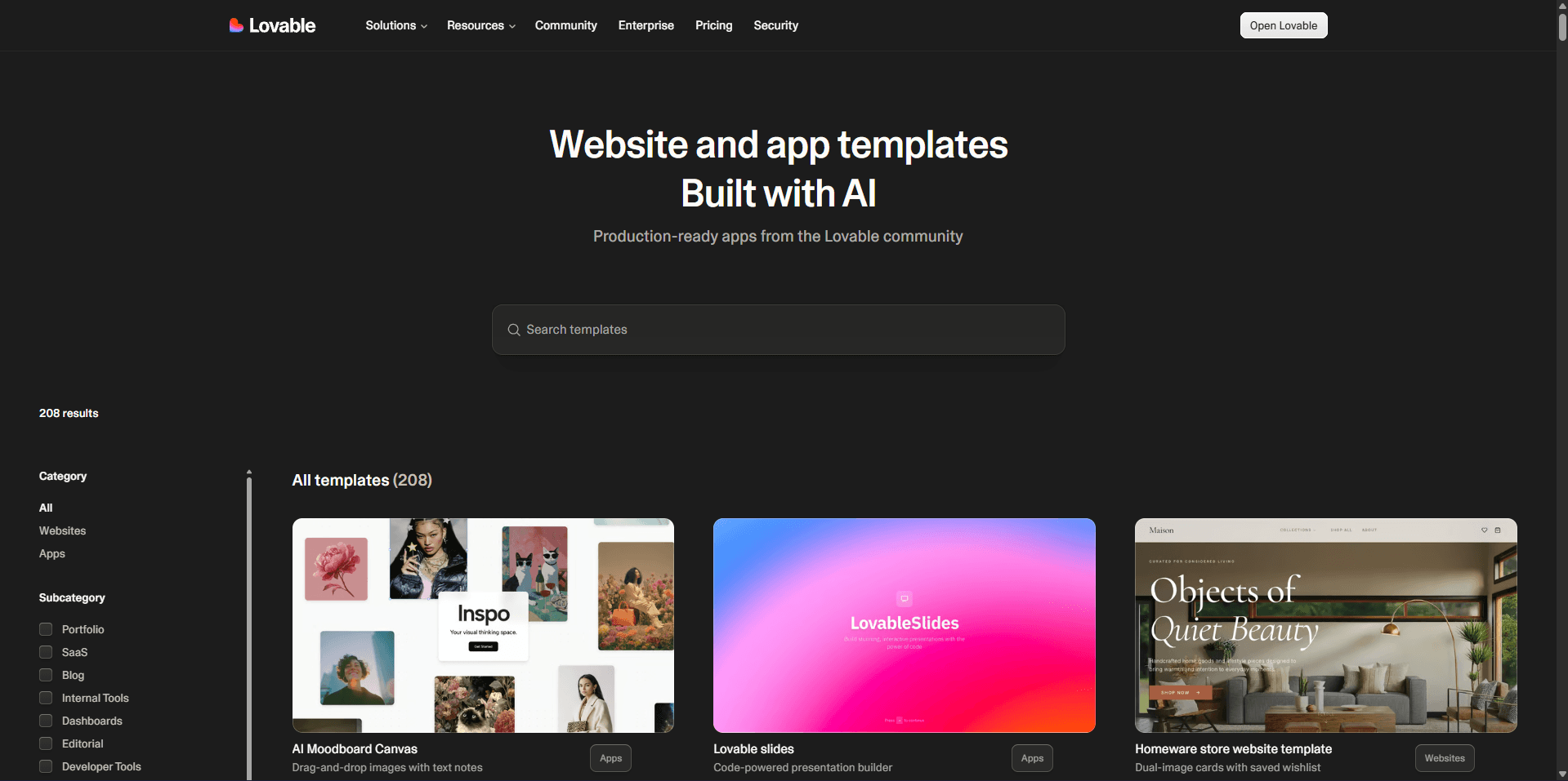 The Lovable template marketplace listing page, showing templates built by the Lovable community.